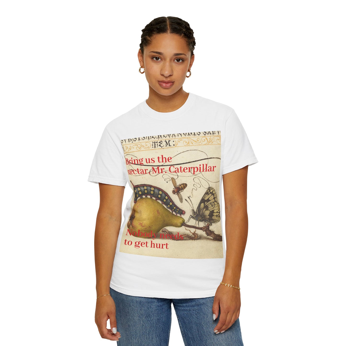 Vintage Botanical Caterpillar T-Shirt — "Bring us the nectar Mr. Caterpillar"